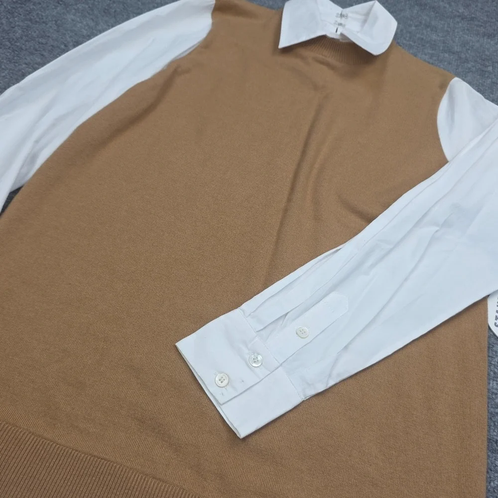 STAUD Fern Dress Collared Women's XS Brown White Long Sleeve Cotton Wool NWT - Picture 3 of 14